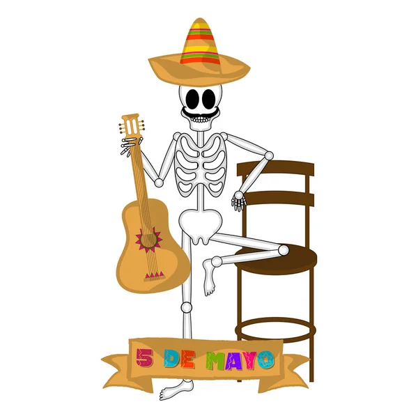 Banner Cinco de Mayo con un esqueleto mexicano — Vector de stock