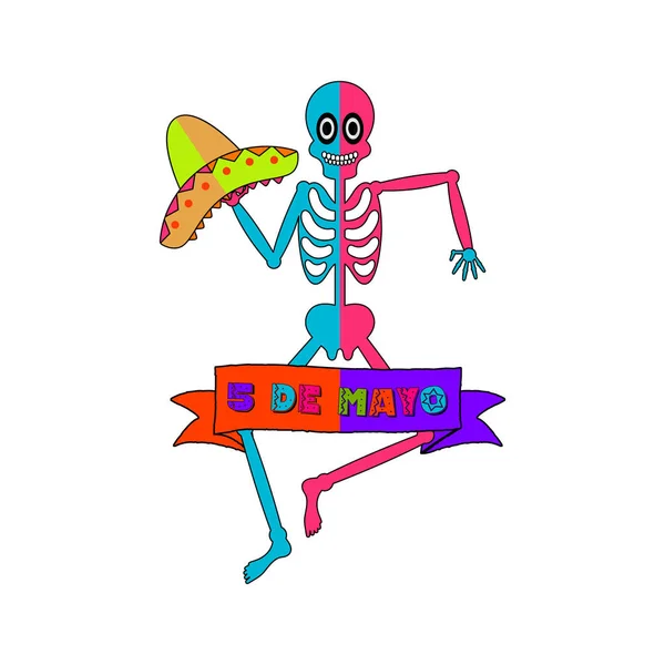 Banner Cinco de Mayo con un esqueleto bailando — Vector de stock