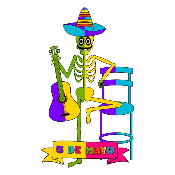Banner Cinco de Mayo con un esqueleto mexicano — Vector de stock