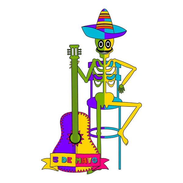 Banner Cinco de Mayo con un esqueleto mexicano — Vector de stock