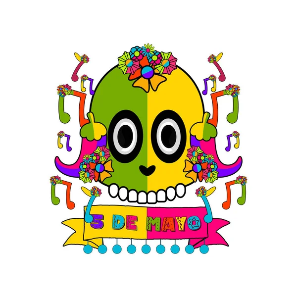 Banner Cinco de Mayo con un cráneo mexicano — Vector de stock