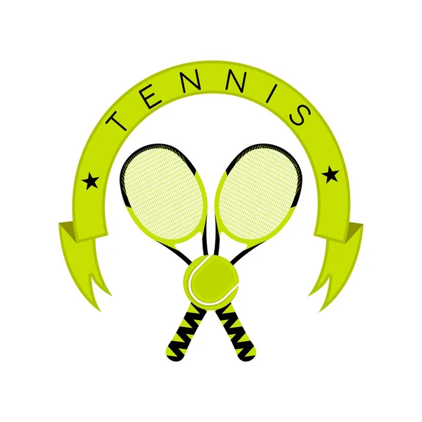 Emblema de tenis con raquetas, pelota y una cinta — Vector de stock