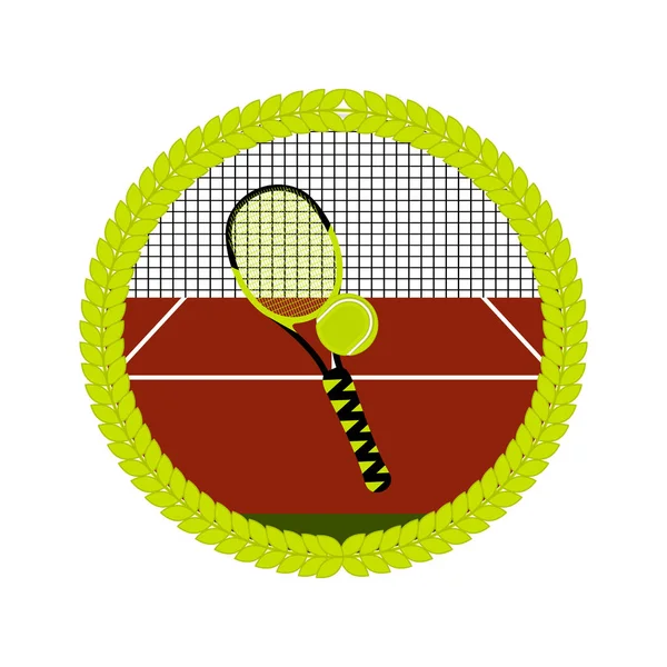 Sportowy emblemat z polem tenisowym i rakietą — Wektor stockowy