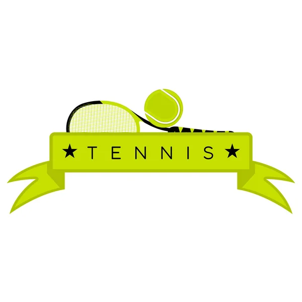 Emblema de tenis con raqueta, pelota y cinta — Archivo Imágenes Vectoriales