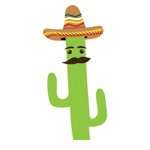 멕시코 모자와 고립 된 선인장 만화 — 스톡 벡터