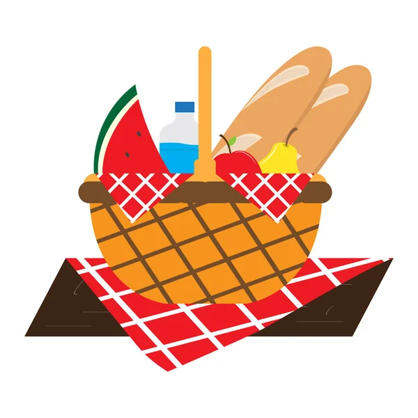 Panier pique-nique avec bouteille d'eau, pain et fruits — Image vectorielle