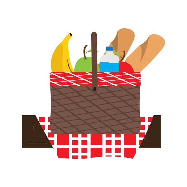 Cesta de picnic con botella de agua, pan y frutas — Vector de stock