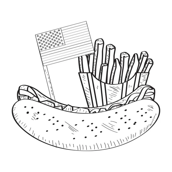 Hot dog dan kentang goreng dengan bendera Outline - Stok Vektor