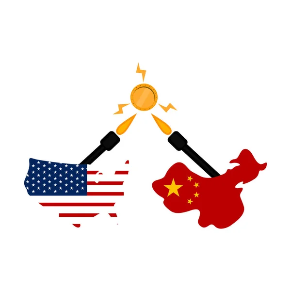 Egyesült Államok és Kína zászlói a térképek alakban — Stock Vector