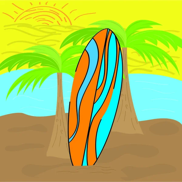 Planche de surf sur fond de plage — Image vectorielle