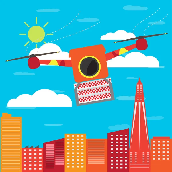 Uçan drone bir kutu teslim — Stok Vektör