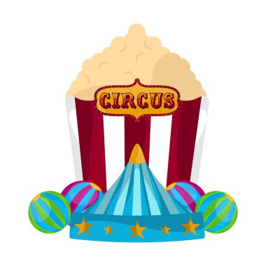 Bir sirk çadırı ve balonlar ile Patlamış mısır snack