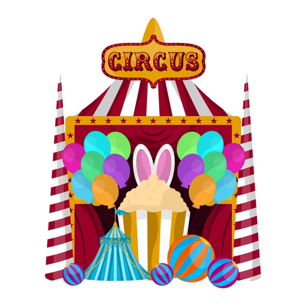 Tenda de circo com lanche de pipoca e balões de ar — Vetor de Stock