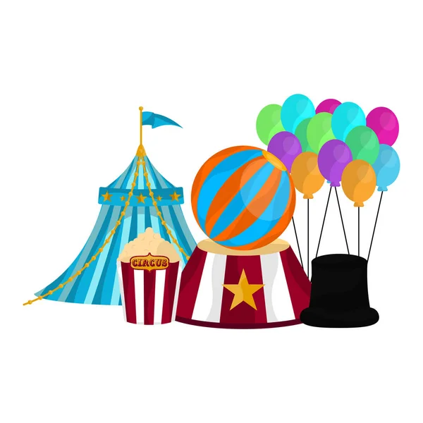 Circus tent with magician hat and balloons — Stock Vector