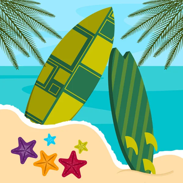 Planche de surf sur un paysage marin — Image vectorielle