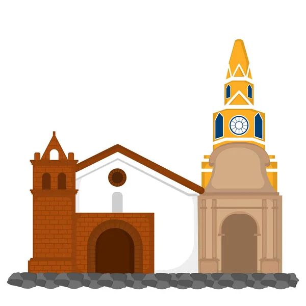 Clock tower with church — Stock Vector