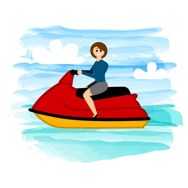 Mujer montando una moto acuática — Vector de stock