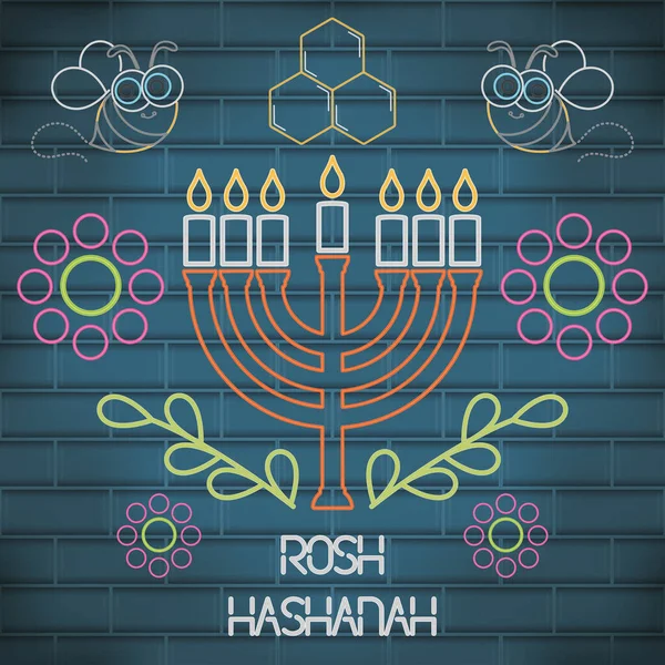 Rosh Hashanah neon poszter — Stock Vector