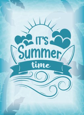 Dalgalar ve sörf tahtası illüstrasyonuyla dolu yaz dönemi posteri.