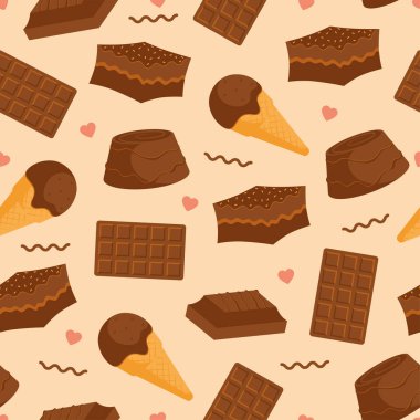 Çikolata parçalı tatlı desenli dondurma, trüf ve minik kalpler. Vektör illüstrasyonu