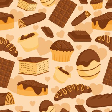 Çikolatalı pasta, dondurma ve pasta dilimleriyle kusursuz bir düzen. Vektör illüstrasyonu