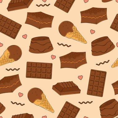 Çikolatalı şekerlemelerle kusursuz bir düzen. Barlar, koniler, kekler ve mantarlar da dahil. Vektör illüstrasyonu