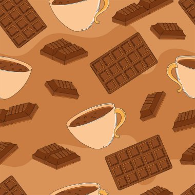 Kahverengi taban üzerinde sıcak çikolata bardakları ve çubuklar bulunan dekoratif desenler. Vektör illüstrasyonu