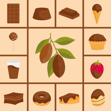 Çikolatalı, kakao kabuklu ve çeşitli tatlı malzemeli şebeke kompozisyonu. Vektör illüstrasyonu
