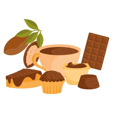 Çikolata bardaklı kek ve kakao kabuğu gruplandırılmış bir tatlı düzeni oluşturuyor. Vektör illüstrasyonu