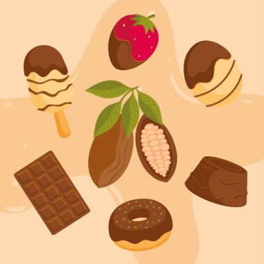 Çikolata parçalı kakao kabuğunun düz açılı görüntüsü bar çöreği ve dondurma gibi. Vektör illüstrasyonu