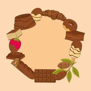 Çubuk kek ve kakao kabuğu da dahil çeşitli çikolatalı tatlılardan oluşan bir yüzük. Vektör illüstrasyonu