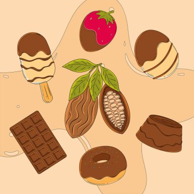 Çilekli çörek ve çikolatayla çevrili kakao kabuğunun siparişi. Vektör illüstrasyonu