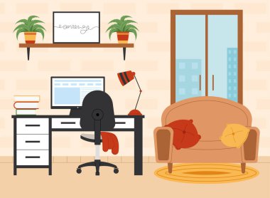 Bir masa, sandalye, bitkiler ve dekorasyon elemanlarından oluşan şık bir ofis tasarımı. Vektör illüstrasyonu