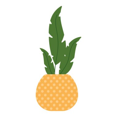 Sarı benekli, yeşil yapraklı bir bitki. Dekoratif bir kap Vektör çizimi.