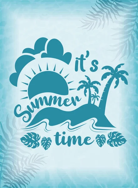 Güneş ve palmiye ağaçları ve vektör illüstrasyonlu yaz dönemi posteri.