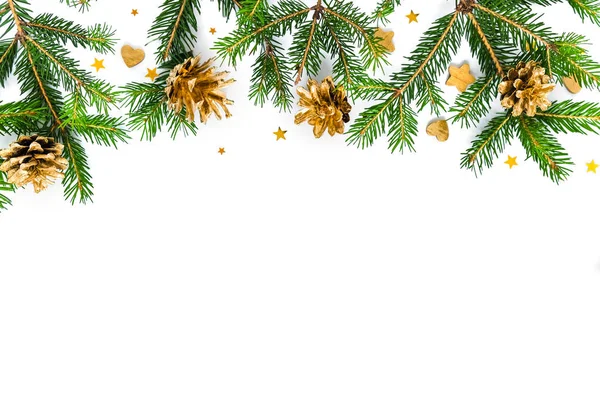Tarjeta de Navidad. Fondo de Navidad con conos de pino, ramas, juguetes de oro . — Foto de Stock