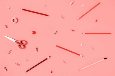 Okul reklamcılığı için kalem ve kalemile Mercan arka plan. Okul kompozisyonuna geri dön.