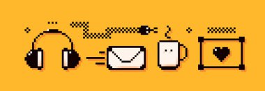 Piksel podcast elemanları. Kulaklıklar, e-posta, fincan, kahve, kalp, çerçeve ve yılan.