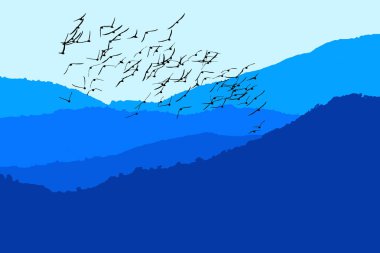 Yatay vektör görüntüsü. Dağlar ve kuşlar. Renkli doğa arka plan.