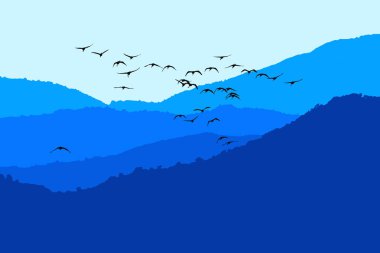 Yatay vektör görüntüsü. Dağlar ve kuşlar. Renkli doğa arka plan.