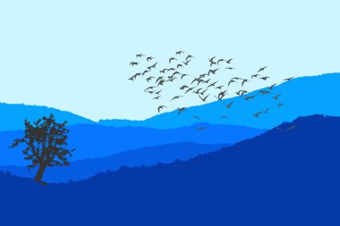 Yatay vektör görüntüsü. Dağlar ve kuşlar. Renkli doğa arka plan.