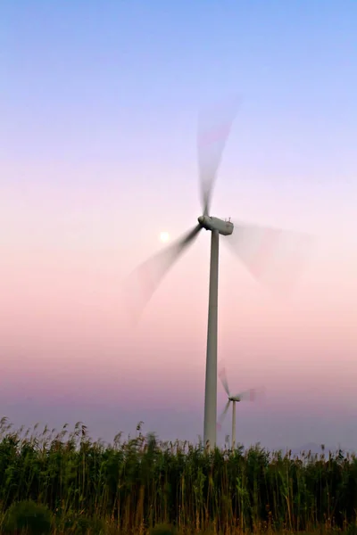 Wind turbine and sunset sky background.