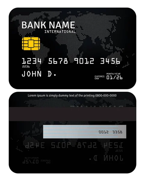 Bankkarte Modernes Kreditkartenschablonen Design Der Farbe Schwarz Mit Dezentem Weltkartenhintergrund — Stockvektor