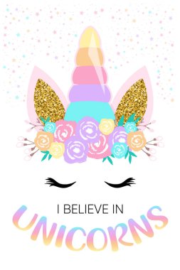 Happy unicorn face vector with ears in golden glitter and flower crown illustration clipart