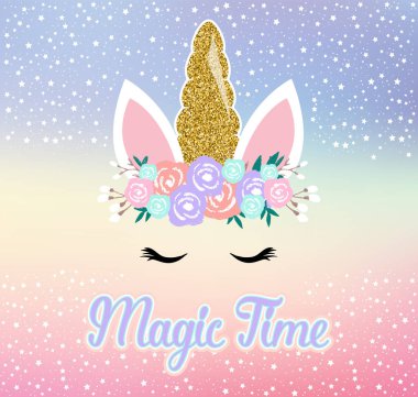 Cute unicorn vector graphic design. Cartoon unicorn head with flower crown illustration - magic time clipart
