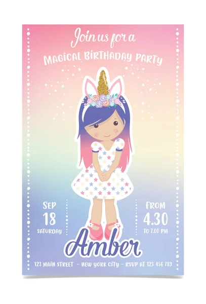 Sevimli tek boynuzlu at kız doğum günü partisi davetiye