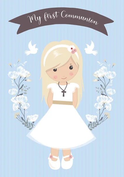 First Communion Girl Beautiful Girl Communion Dress Flower Frame — Stock Vector