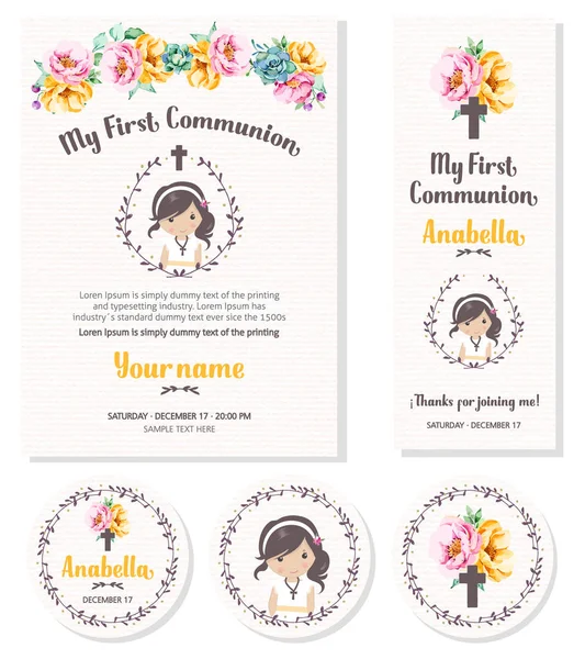 Çiçek detayları ile bir kız için Güzel İlk Komünyon davetiye