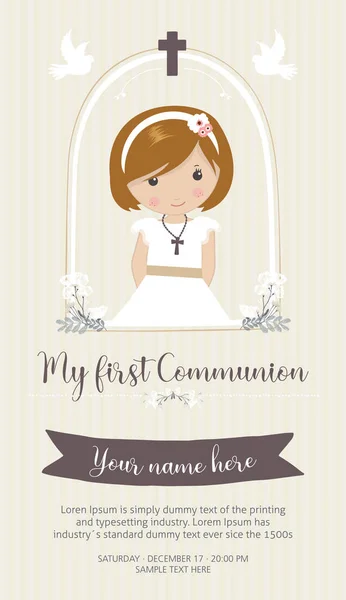 İlk komünyon davetim. Komünyon elbise ve sevimli çerçeve ile güzel kız