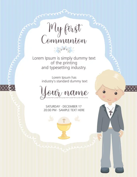 First Communion Invitation Vertical Boy Invitation Cute Frame — Stock Vector